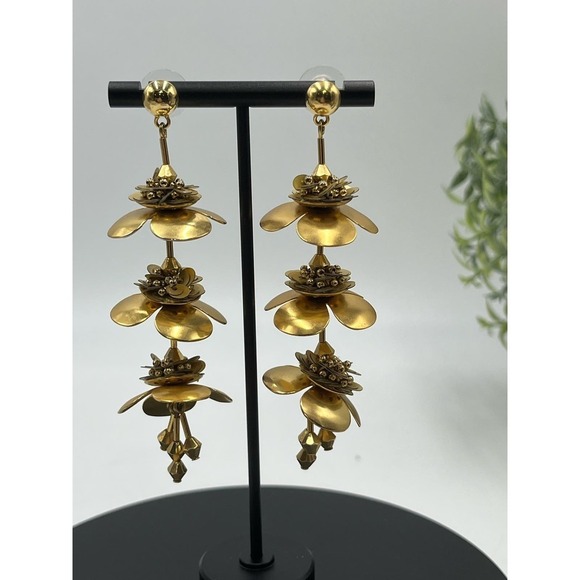 J. Crew Bead & Blossom Gold Tone Long Triple Flower Dangle Gilded Earrings - Picture 2 of 14
